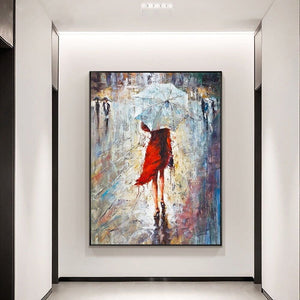 Swag, Accent Painting, Abstract Painting Girl in Red Dress On a Rainy Day, Oil Painting On Canvas, Modern Textured Wall Art, Wall Decor