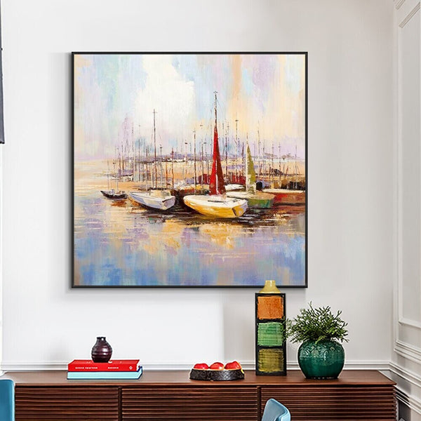 Colorful Marina Boat Painting Wall Art, Abstract Wall Art for Living Room, Painting on Canvas, Hand Painted Oil Painting for Home Decor by Accent Collection