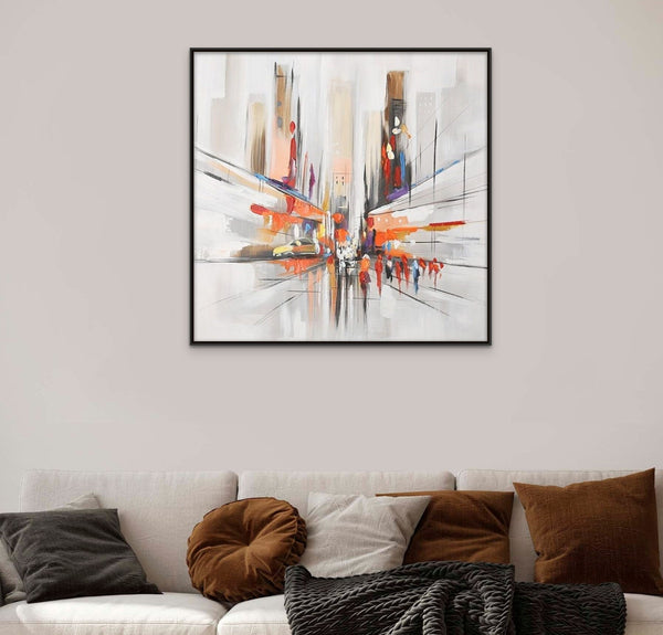 Original Abstract City Painting, Textured Orange Canvas Art Modern Framed Wall Art for Home Decor by Accent Collection