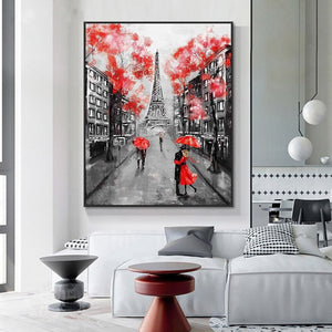 Eiffel Tower Paris Europe Painting, People in the Rain with Red Umbrella Modern Wall Art, Abstract Painting Hand Painted Oil Painting by Sona Casa