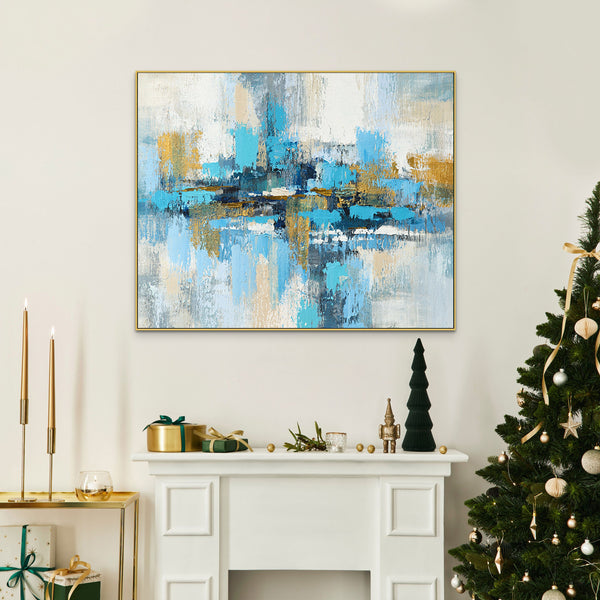 Canvas Painting Blue with Golden Hue | Living Room Wall Art | Abstract Wall Painting | Random Strokes | Large Wall Art | Oil Painting