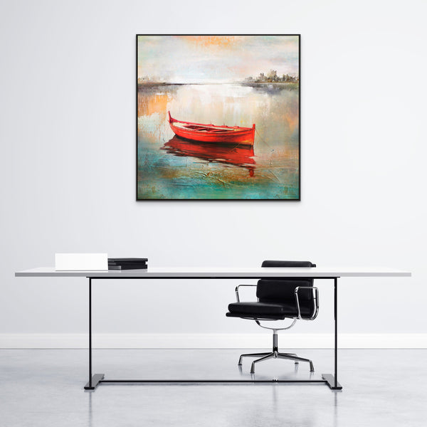 Boat Art - Handmade Abstract Lake Scene, Textured Canvas Painting for Modern Living Space or Office Wall Decor by Accent Collection