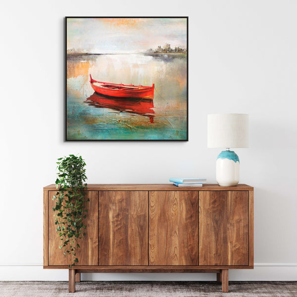 Boat Art - Handmade Abstract Lake Scene, Textured Canvas Painting for Modern Living Space or Office Wall Decor by Accent Collection