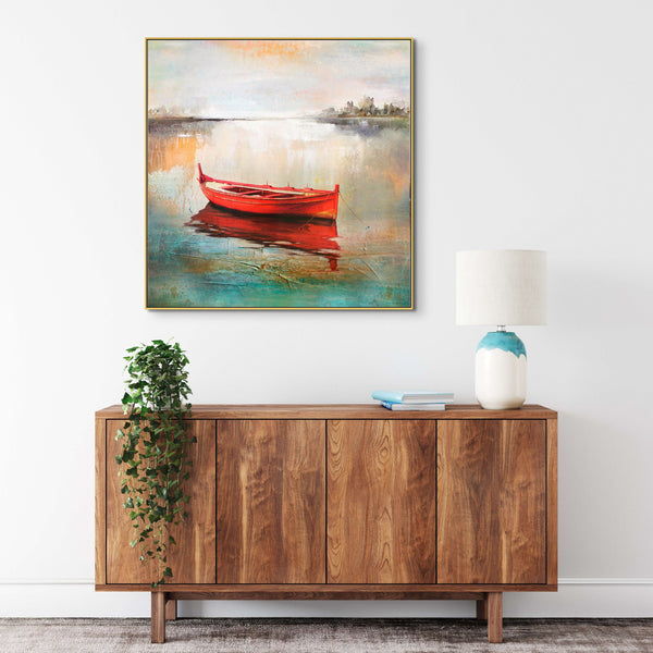 Boat Art - Handmade Abstract Lake Scene, Textured Canvas Painting for Modern Living Space or Office Wall Decor by Accent Collection