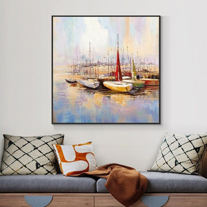 Colorful Marina Boat Painting Wall Art, Abstract Wall Art for Living Room, Painting on Canvas, Hand Painted Oil Painting for Home Decor by Sona Casa