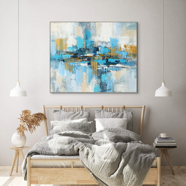 Canvas Painting Blue with Golden Hue | Living Room Wall Art | Abstract Wall Painting | Random Strokes | Large Wall Art | Oil Painting