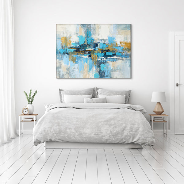 Canvas Painting Blue with Golden Hue | Living Room Wall Art | Abstract Wall Painting | Random Strokes | Large Wall Art | Oil Painting