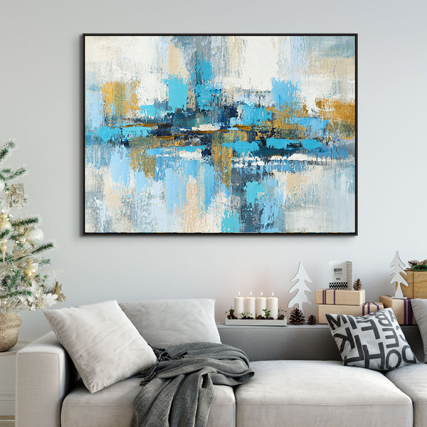 Canvas Painting Blue with Golden Hue | Living Room Wall Art | Abstract Wall Painting | Random Strokes | Large Wall Art | Oil Painting