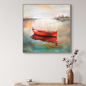 Boat Art - Handmade Abstract Lake Scene, Textured Canvas Painting for Modern Living Space or Office Wall Decor by Accent Collection