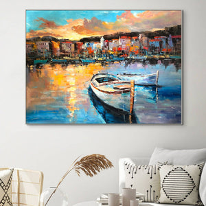 Italy Landscape Art - Colorful Portofino Harbour Scene, Handcrafted Wall Painting on Canvas, Art Lover Gift by Sona Casa