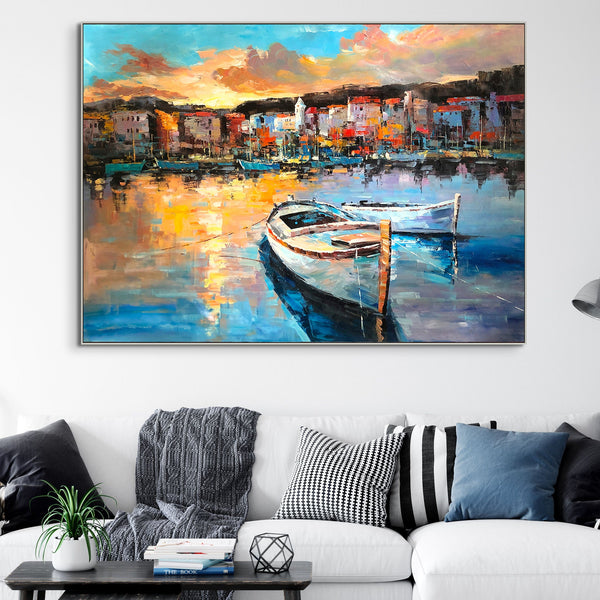Italy Landscape Art - Colorful Portofino Harbour Scene, Handcrafted Wall Painting on Canvas, Art Lover Gift by Accent Collection
