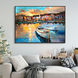 Italy Landscape Art - Colorful Portofino Harbour Scene, Handcrafted Wall Painting on Canvas, Art Lover Gift by Accent Collection