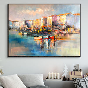 Large Painting on Canvas, Portofino Italy, Colorful European Town, Lake Boats and Marina Painting, Original Handmade Wall Painting