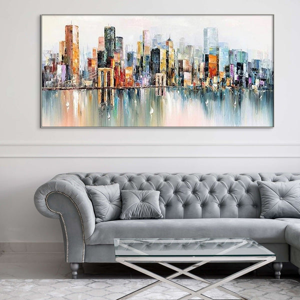Abstract New York Painting - Handmade Large Canvas Art, Urban Cityscape Oil Painting for Modern Wall Decor, Unique Housewarming Gift by Accent Collection