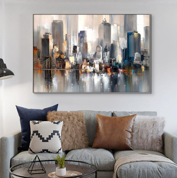 Manhattan Cityscape Canvas Art - New York City Handmade Painting, Large Wall Decor for Bedroom, Unique Housewarming Gift by Accent Collection