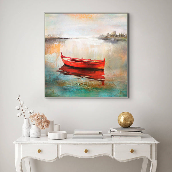 Boat Art - Handmade Abstract Lake Scene, Textured Canvas Painting for Modern Living Space or Office Wall Decor by Accent Collection