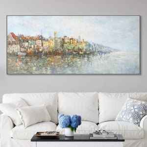 City on Lake Abstract Painting On Canvas Abstract Wall Art Original Painting Town Ocean Large Wall Art