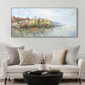 Lake Painting Cityscape Canvas Art, Abstract City Landscape on Framed Canvas, Contemporary Wall Art, Unique Housewarming Gift by Accent Collection