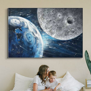 Space Painting on Canvas Earth and Moon Large Wall Art Textured Art Office Decor