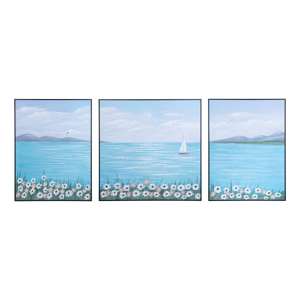 Handmade Blue Lake & Boat Canvas Trio, Nature-Inspired Scenic Wall Art For Living & Dining Decor by Accent Collection