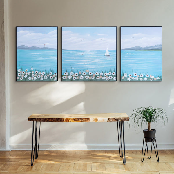 Handmade Blue Lake & Boat Canvas Trio, Nature-Inspired Scenic Wall Art For Living & Dining Decor by Accent Collection