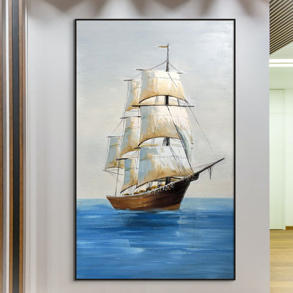 Original Boat Art Vertical Canvas, Textured Nautical Wall Painting for Bedroom, Handmade Coastal Art by Accent Collection