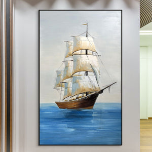 Original Boat Art Vertical Canvas, Textured Nautical Wall Painting for Bedroom, Handmade Coastal Art by Sona Casa