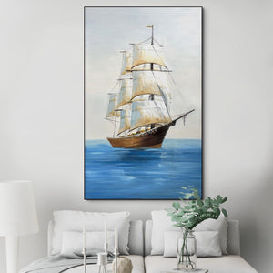 Large Wall Art, Vertical Painting on Canvas, Boat Seascape, Handmade Vertical Wall Art for Living Room, Blue Ocean, Wall Decor