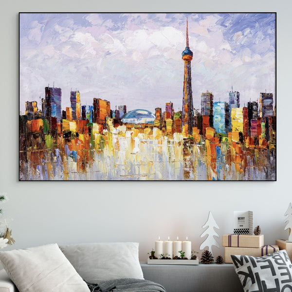 Canada Wall Art - Vibrant Toronto Skyline Painting on Canvas, Modern Urban Landscape, Framed Original Painting for Housewarming Gift by Accent Collection