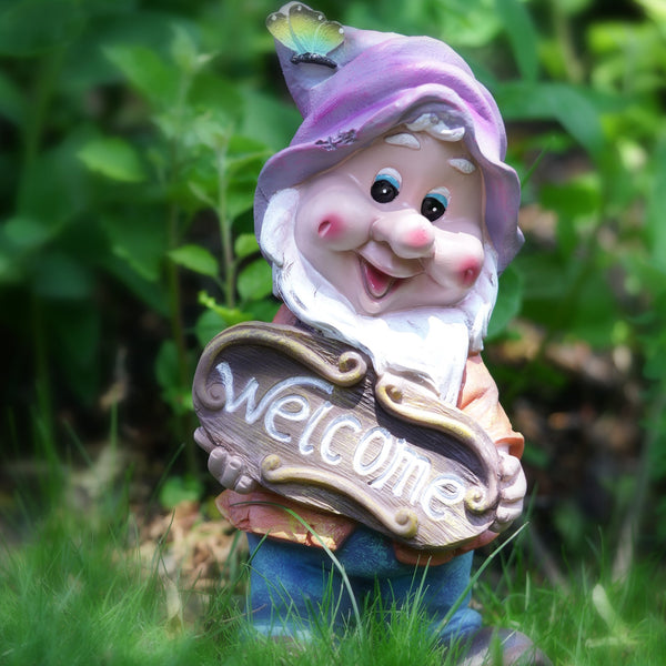 Large welcome gnome, indoor or outdoor, 32 cm, cute garden patio decor, purple hat