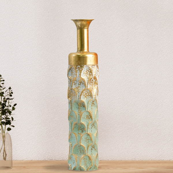 Handmade, golden and green large metal floor vase, rustic finish, 31 inch, home décor