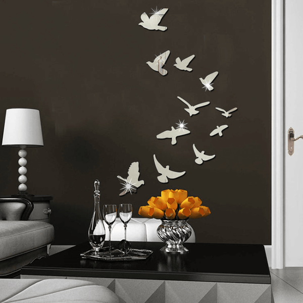 11 pcs Creative Flock Birds 3D Acrylic Mirror Stickers for Wall by Accent Collection Home Decor