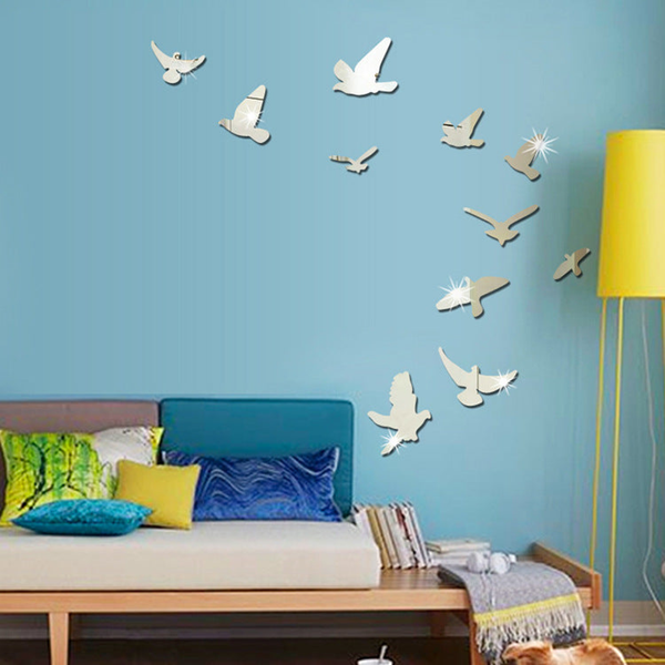 11 pcs Creative Flock Birds 3D Acrylic Mirror Stickers for Wall by Accent Collection