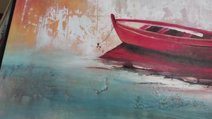Abstract Painting of Red Boat in Lake, Original Art, Textured Painting, Landscape Wall Art, Living Room Wall Painting, Large Wall Art