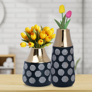 Black Ceramic Tulip Vase With White Abstract, Golden Rim - Modern Farmhouse Decor For Tables by Accent Collection