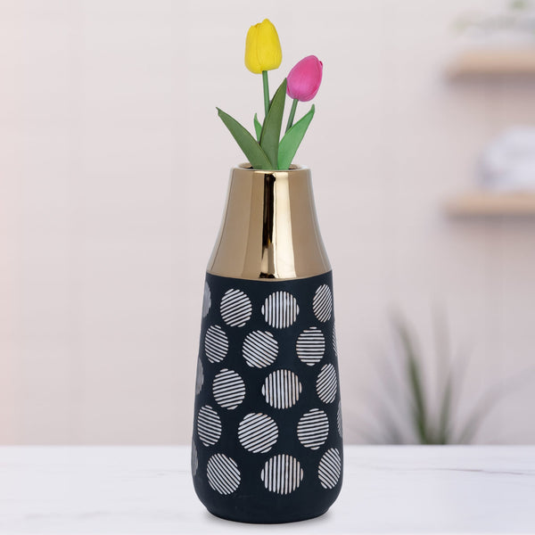 Black Ceramic Vase with Abstract Pattern and Golden Rim, Large 2 Pc Set (S L) by Accent Collection Home Decor