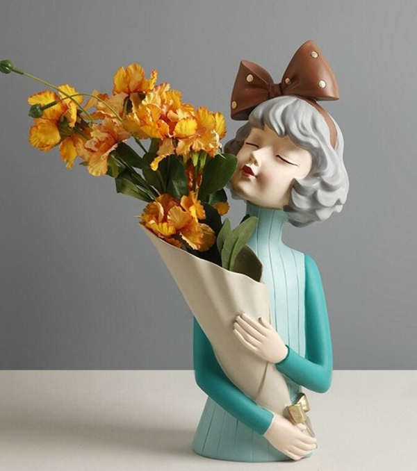 Cute Girl with Bouquet Vase Teal by Accent Collection Home Decor
