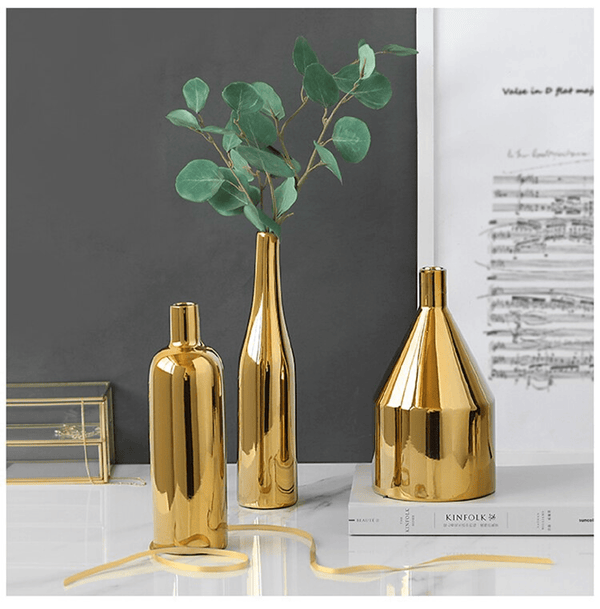 Set of 3 Golden Ceramic Bottle Vases by Accent Collection Home Decor