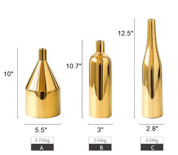 Set of 3 Golden Ceramic Bottle Vases by Accent Collection Home Decor